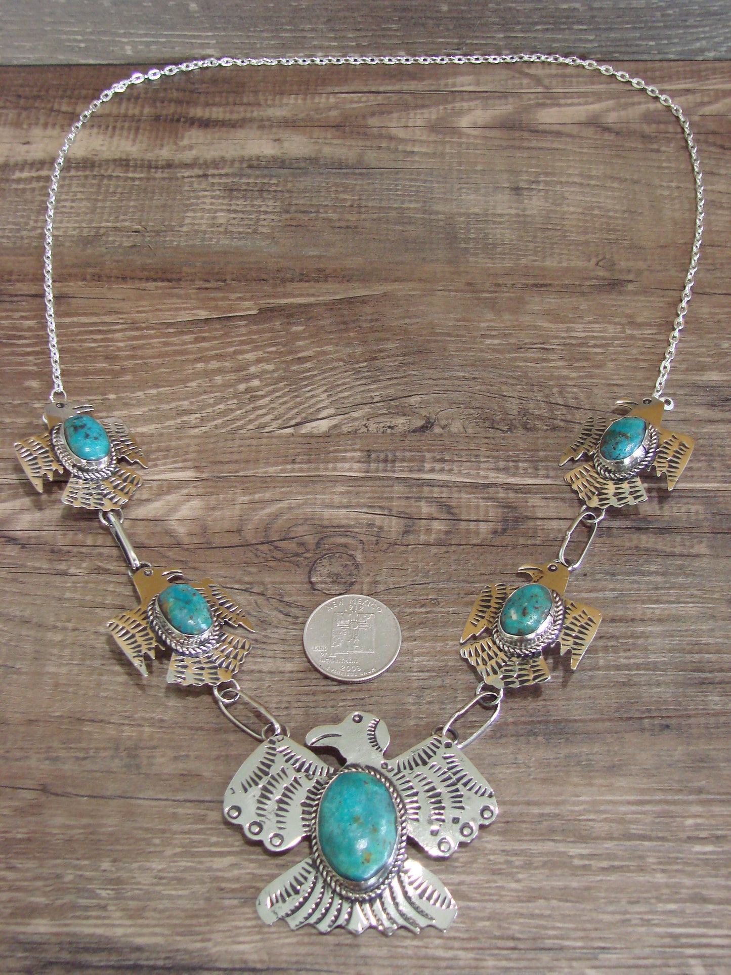 Navajo Indian Nickel Silver & Turquoise Thunderbird Link Necklace by Cleveland