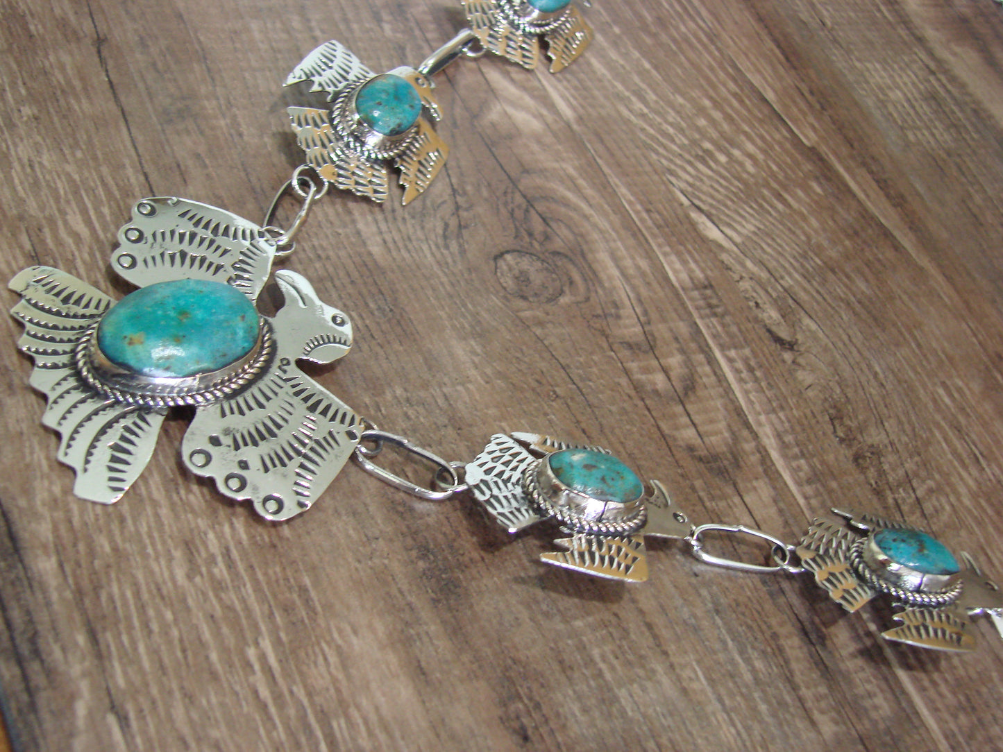Navajo Indian Nickel Silver & Turquoise Thunderbird Link Necklace by Cleveland