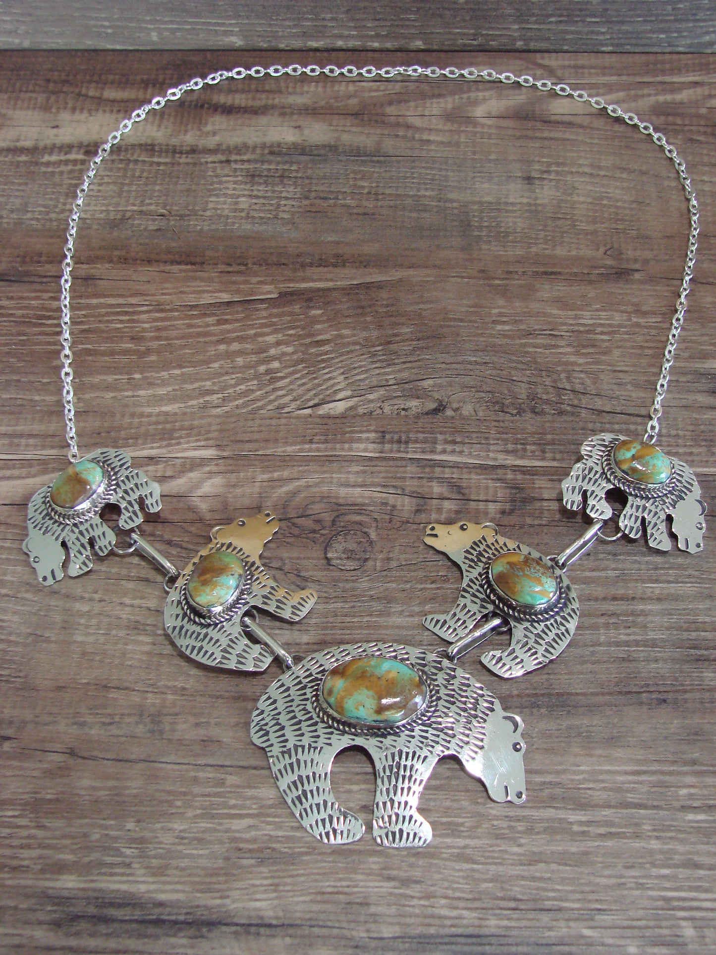 Navajo Indian Nickel Silver & Turquoise Bear Link Necklace by Cleveland