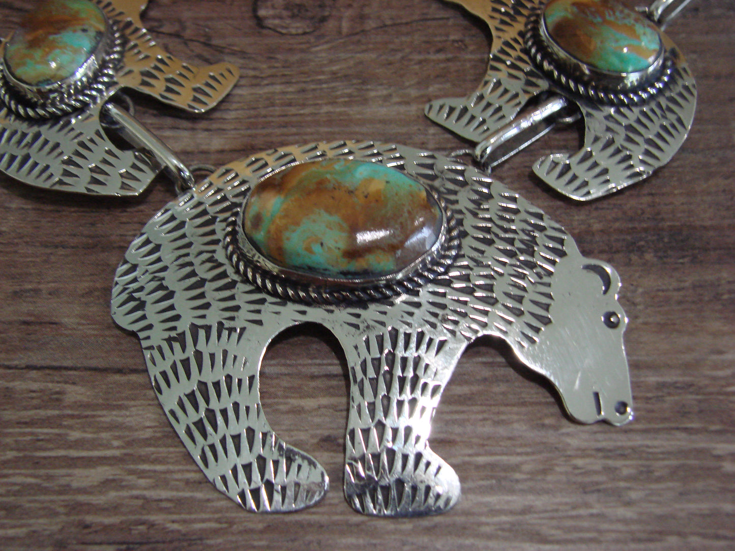 Navajo Indian Nickel Silver & Turquoise Bear Link Necklace by Cleveland