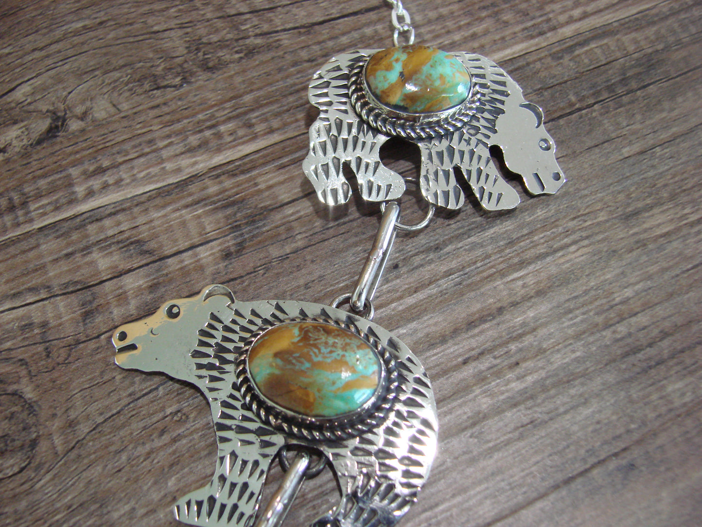 Navajo Indian Nickel Silver & Turquoise Bear Link Necklace by Cleveland