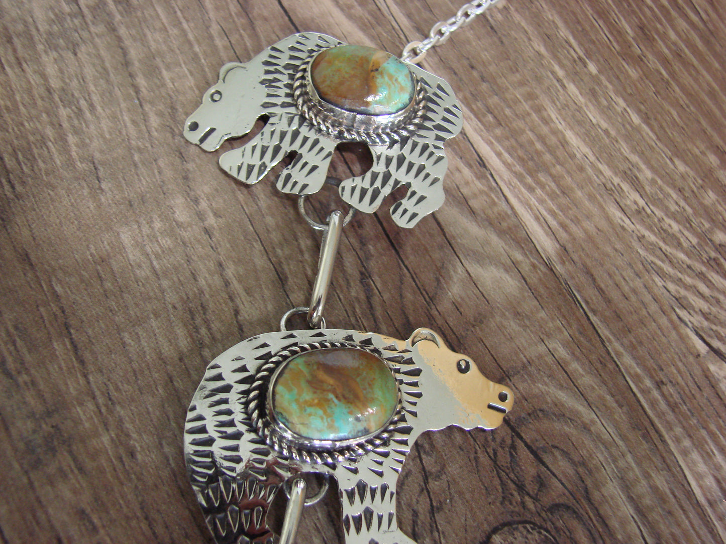 Navajo Indian Nickel Silver & Turquoise Bear Link Necklace by Cleveland