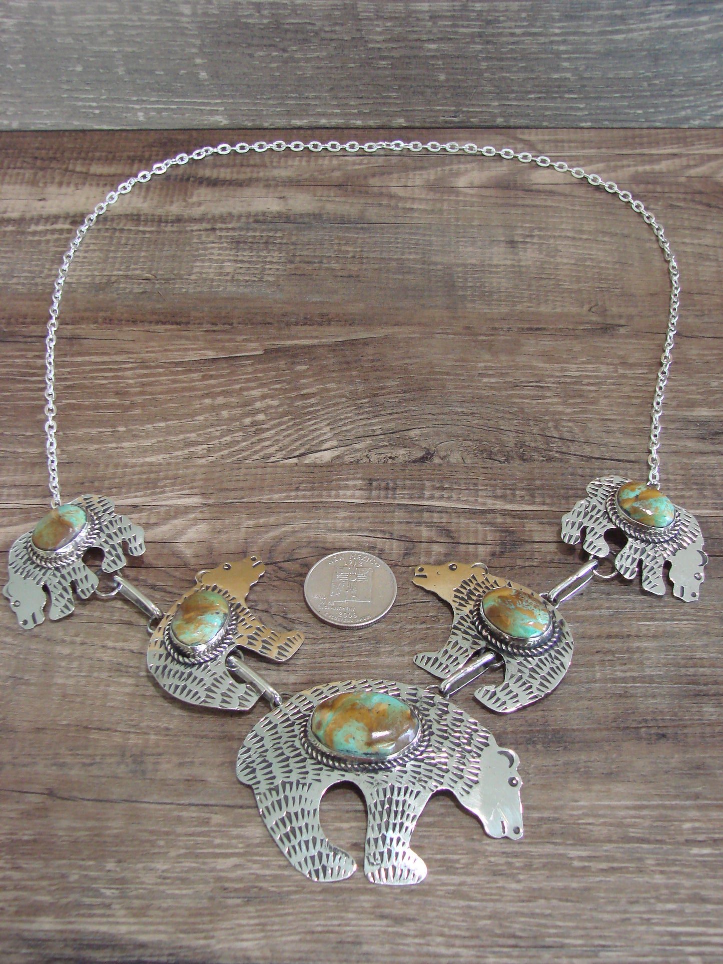 Navajo Indian Nickel Silver & Turquoise Bear Link Necklace by Cleveland