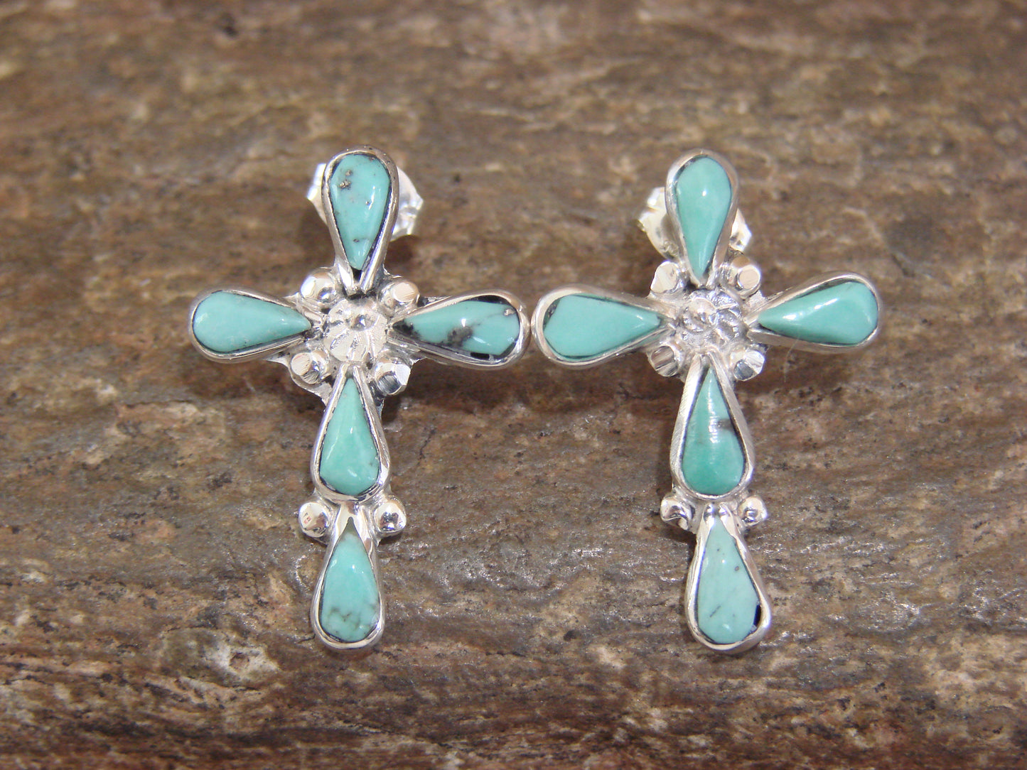 Native American Sterling Silver & Turquoise Cross Post Earrings by Vacit