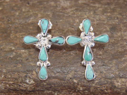 Native American Sterling Silver & Turquoise Cross Post Earrings by Vacit