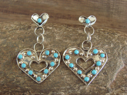 Zuni Indian Sterling Silver Turquoise Heart Post Dangle Earrings by Quam