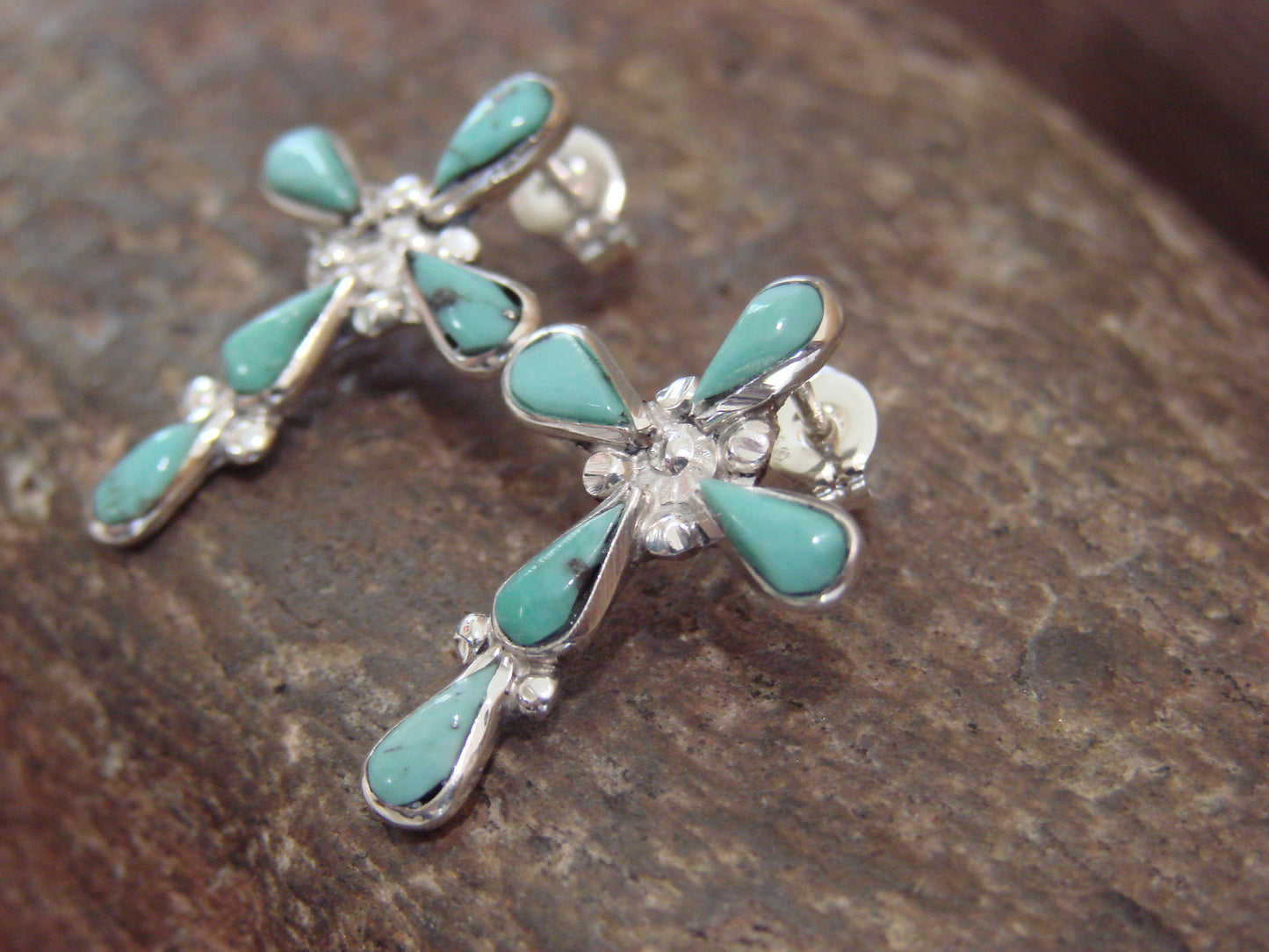 Native American Sterling Silver & Turquoise Cross Post Earrings by Vacit