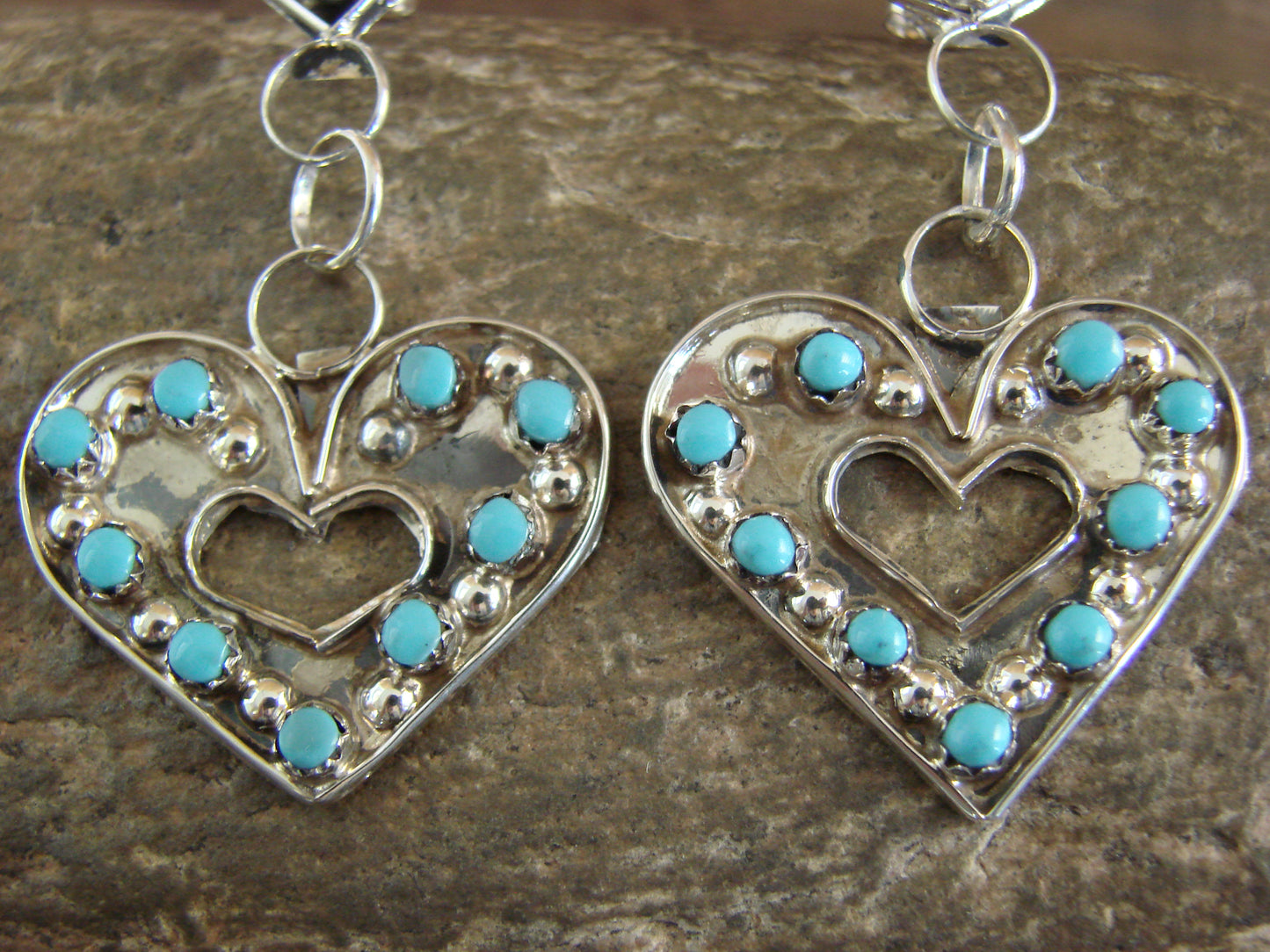 Zuni Indian Sterling Silver Turquoise Heart Post Dangle Earrings by Quam