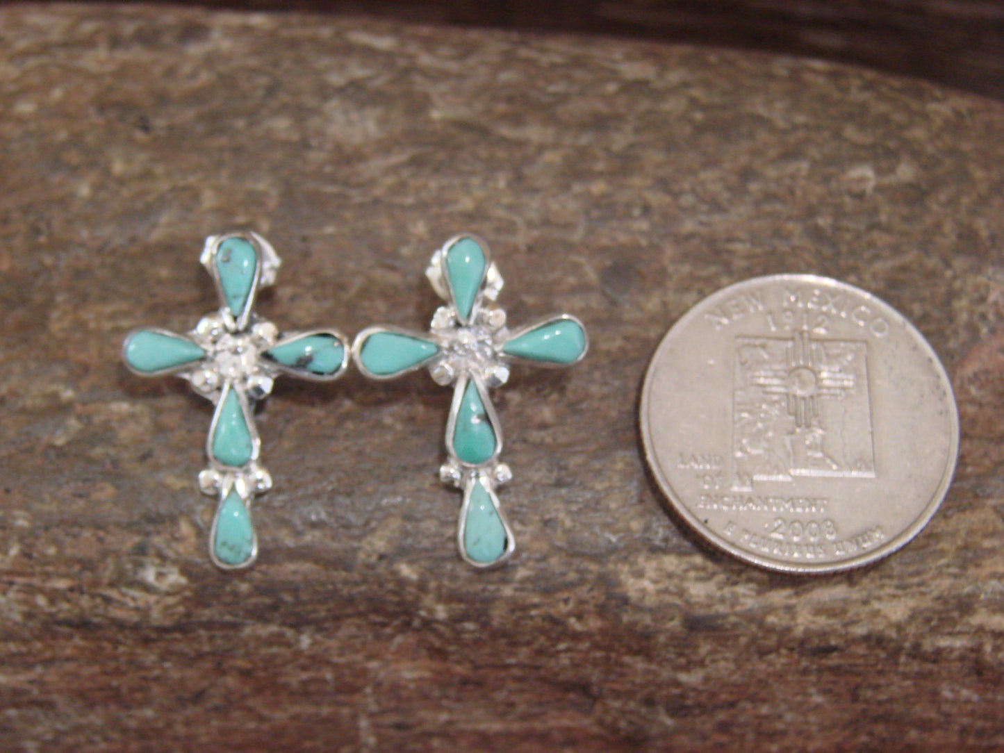 Native American Sterling Silver & Turquoise Cross Post Earrings by Vacit