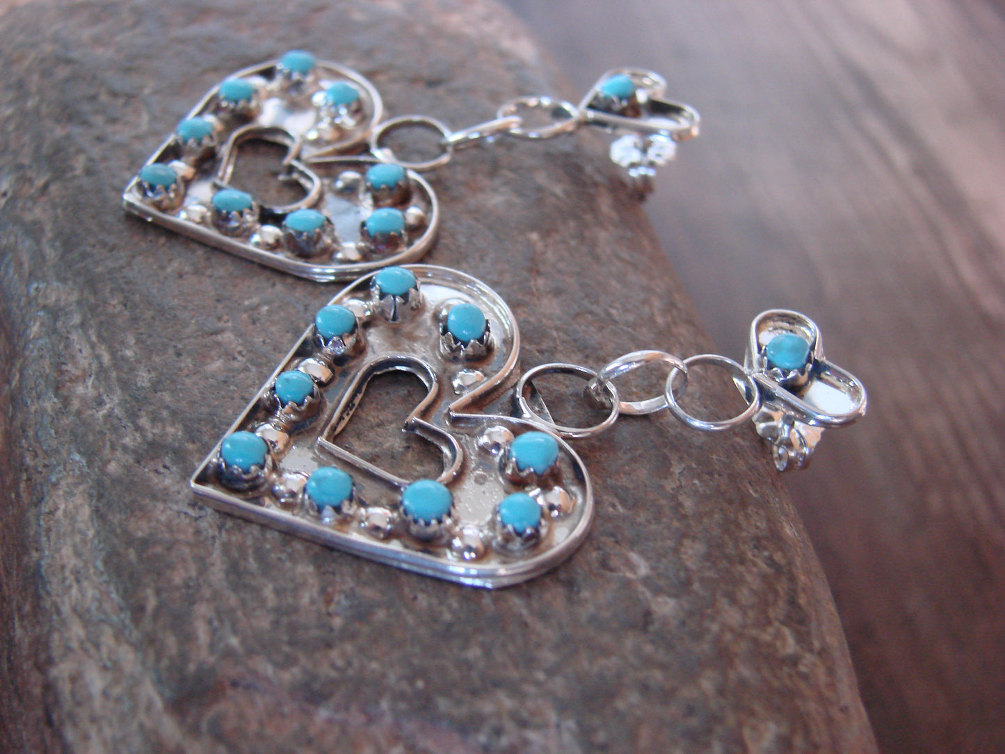 Zuni Indian Sterling Silver Turquoise Heart Post Dangle Earrings by Quam