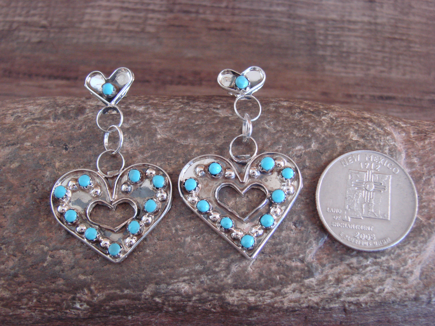 Zuni Indian Sterling Silver Turquoise Heart Post Dangle Earrings by Quam