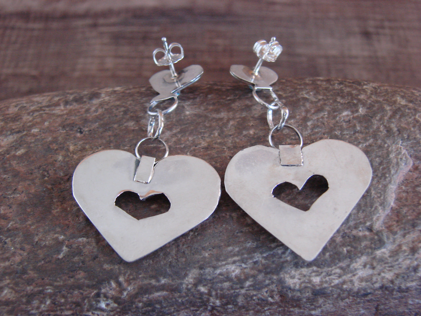 Zuni Indian Sterling Silver Turquoise Heart Post Dangle Earrings by Quam