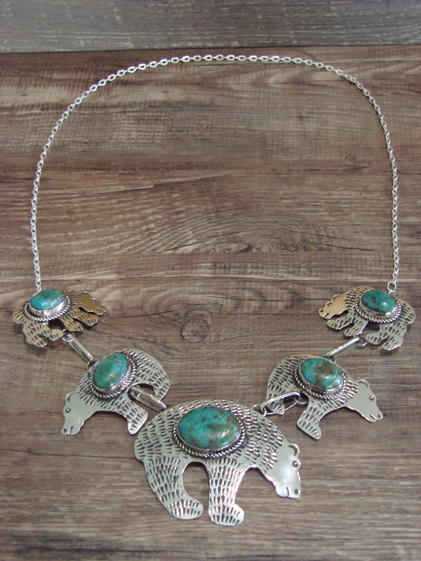 Navajo Indian Nickel Silver & Turquoise Bear Link Necklace by Cleveland
