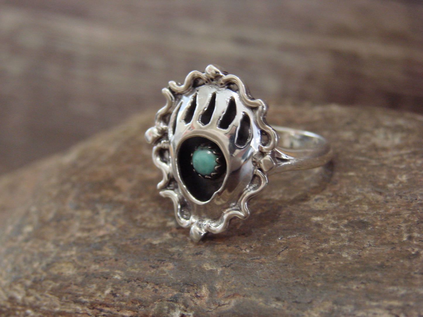 Native American Sterling Silver Turquoise Bear Paw Ring by Hawthorne - Size 6