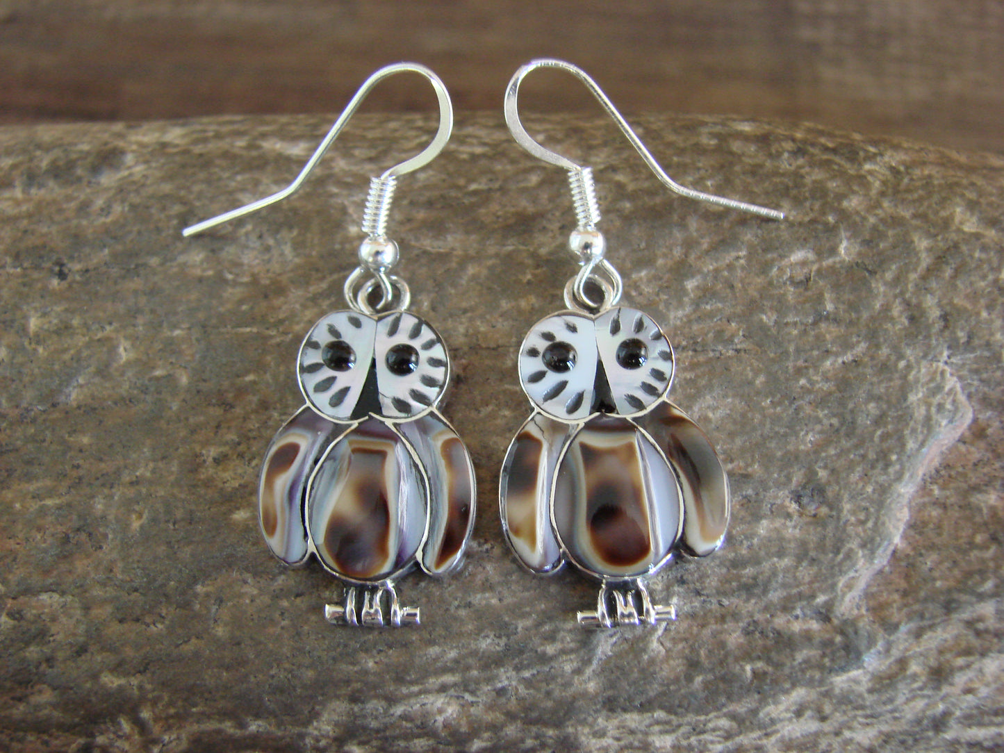 Zuni Indian Sterling Silver Shell Inlay Owl Dangle Earrings by Kallestewa