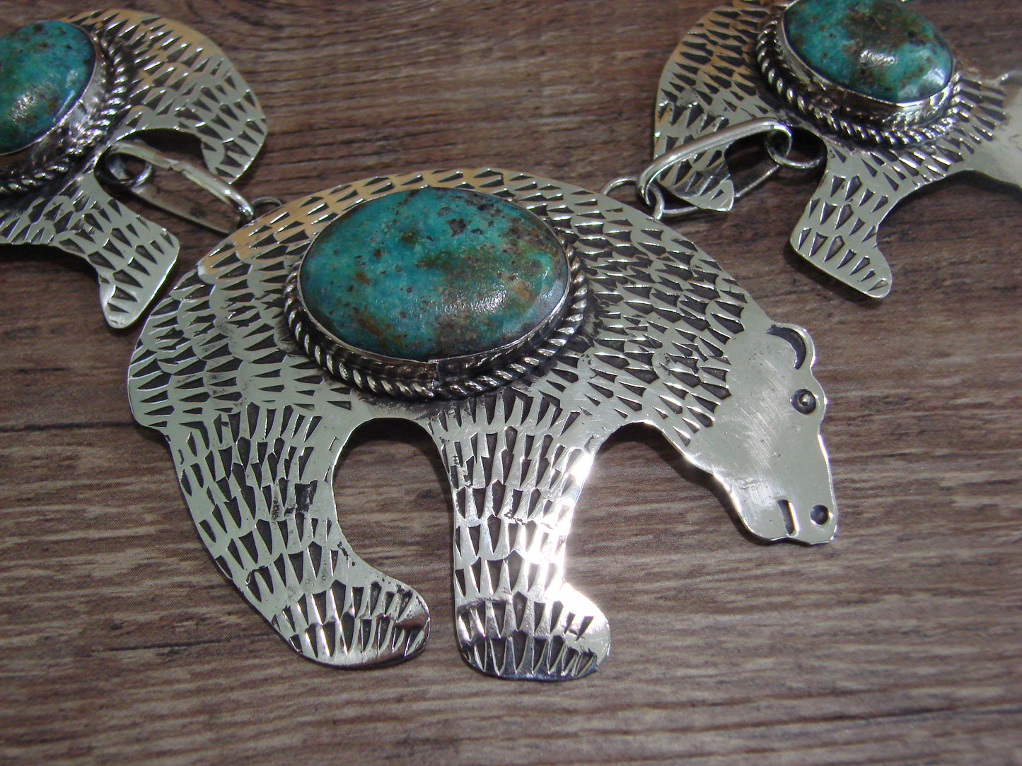 Navajo Indian Nickel Silver & Turquoise Bear Link Necklace by Cleveland