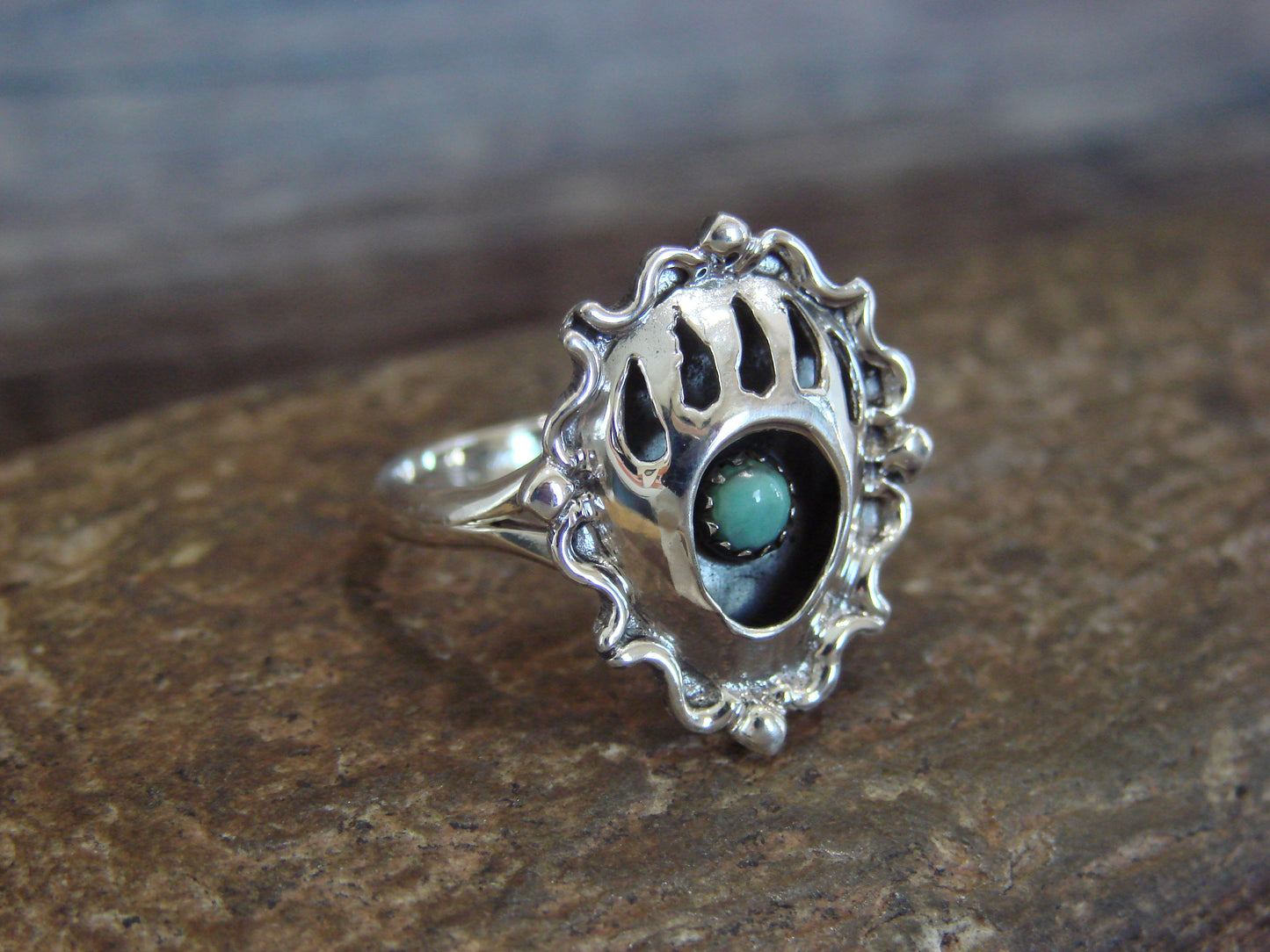 Native American Sterling Silver Turquoise Bear Paw Ring by Hawthorne - Size 6