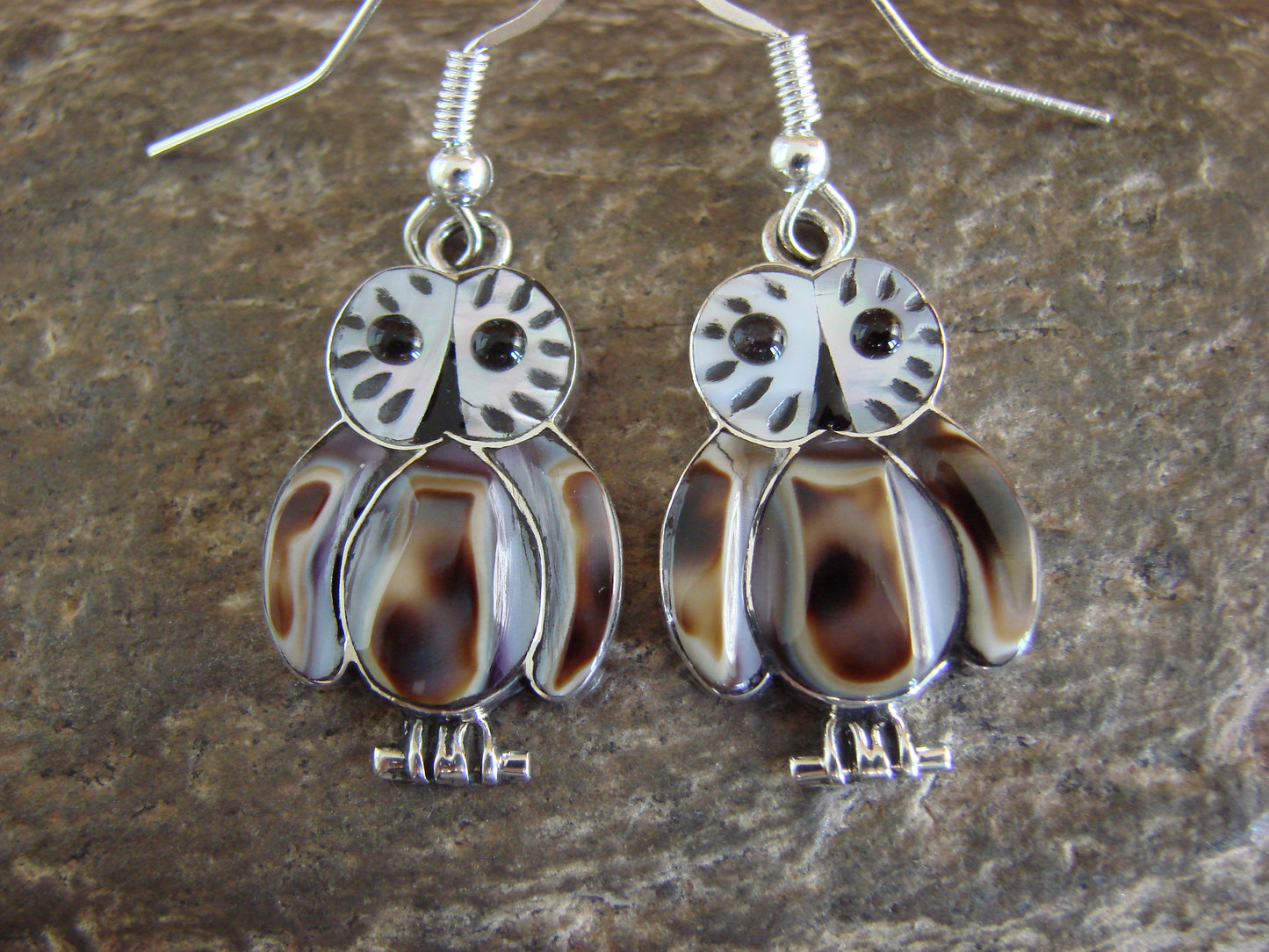 Zuni Indian Sterling Silver Shell Inlay Owl Dangle Earrings by Kallestewa