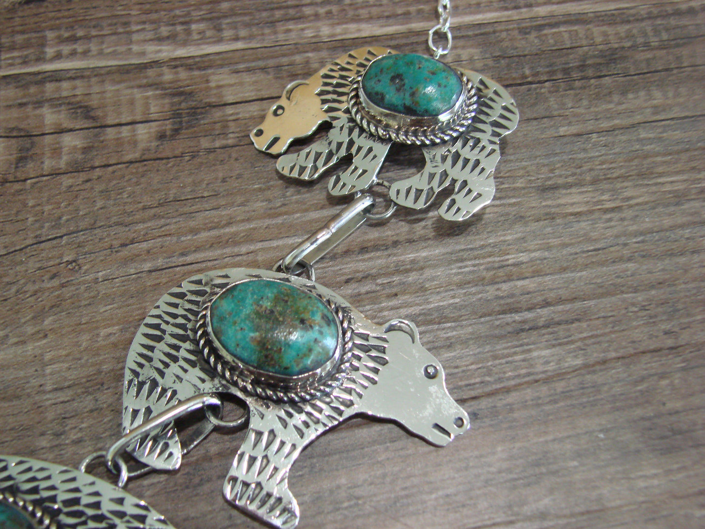 Navajo Indian Nickel Silver & Turquoise Bear Link Necklace by Cleveland