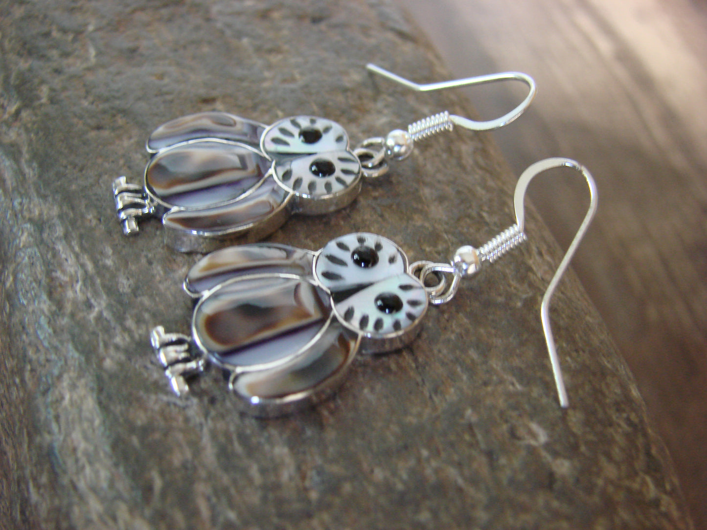 Zuni Indian Sterling Silver Shell Inlay Owl Dangle Earrings by Kallestewa