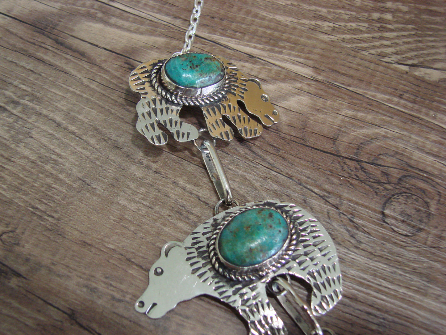 Navajo Indian Nickel Silver & Turquoise Bear Link Necklace by Cleveland