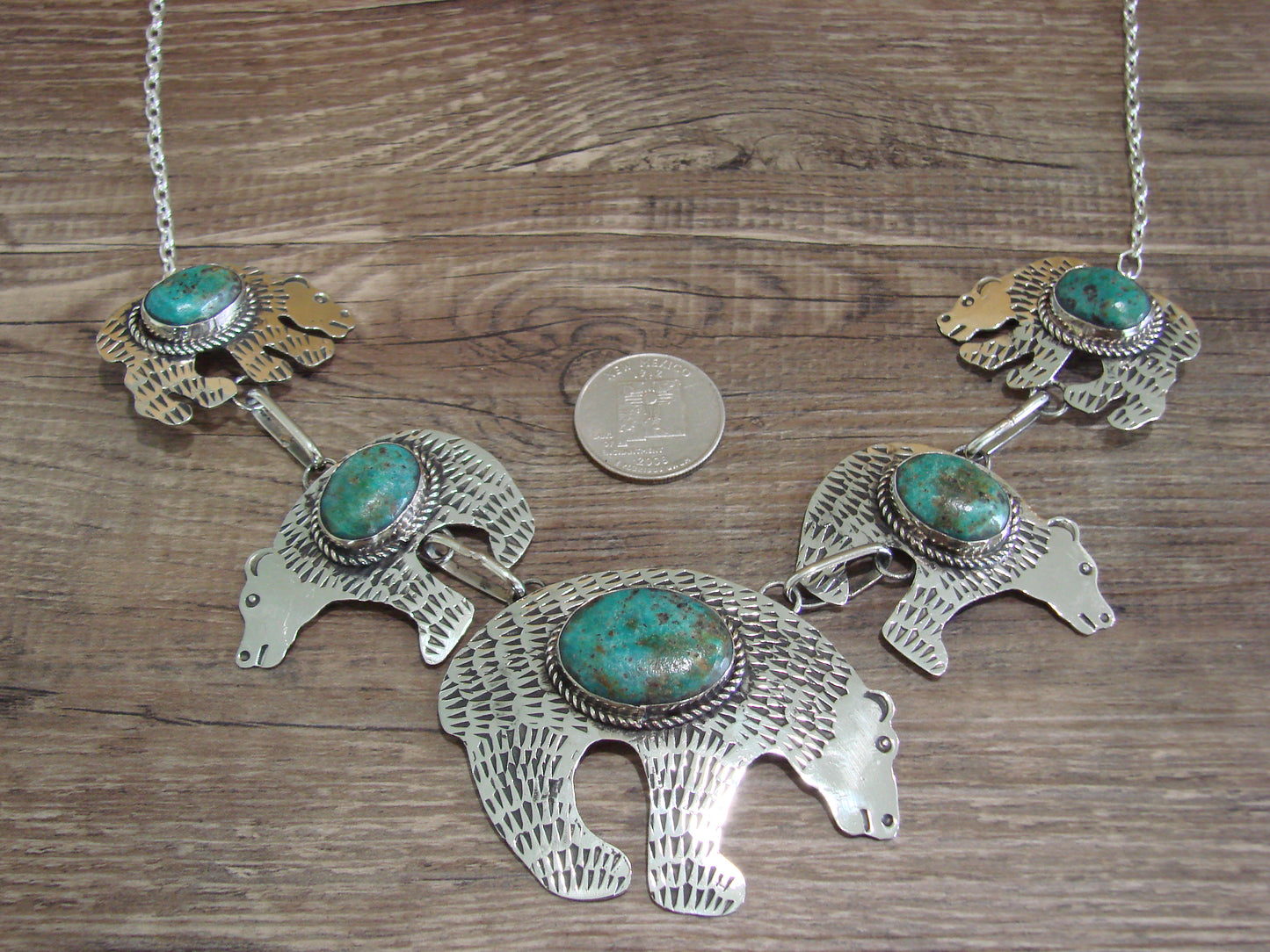 Navajo Indian Nickel Silver & Turquoise Bear Link Necklace by Cleveland