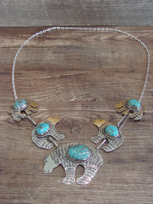 Navajo Indian Nickel Silver & Turquoise Bear Link Necklace by Cleveland