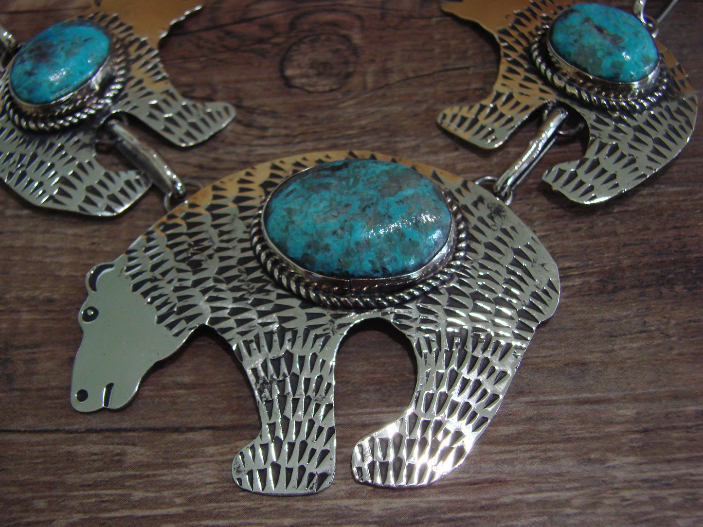 Navajo Indian Nickel Silver & Turquoise Bear Link Necklace by Cleveland