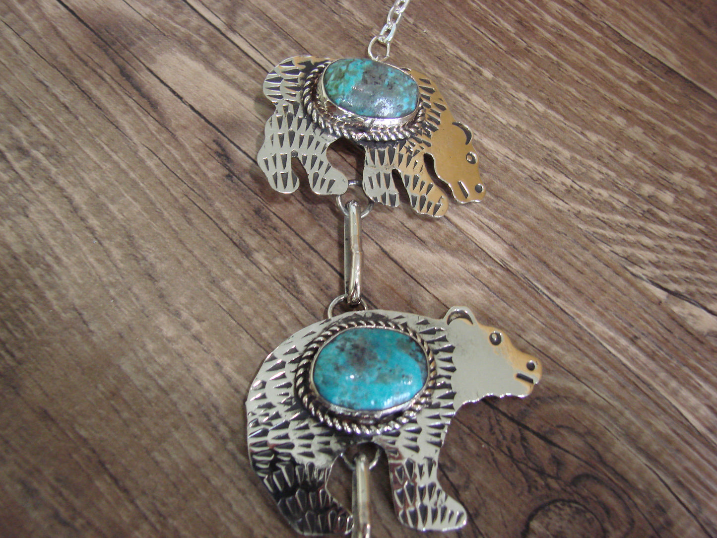 Navajo Indian Nickel Silver & Turquoise Bear Link Necklace by Cleveland