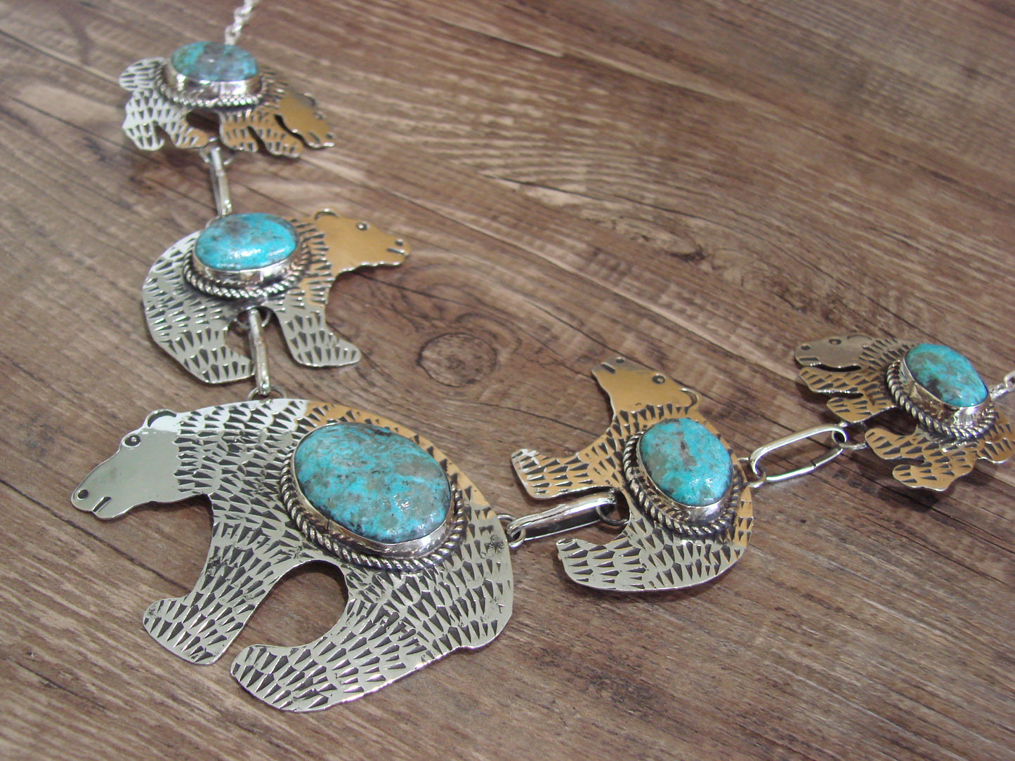 Navajo Indian Nickel Silver & Turquoise Bear Link Necklace by Cleveland
