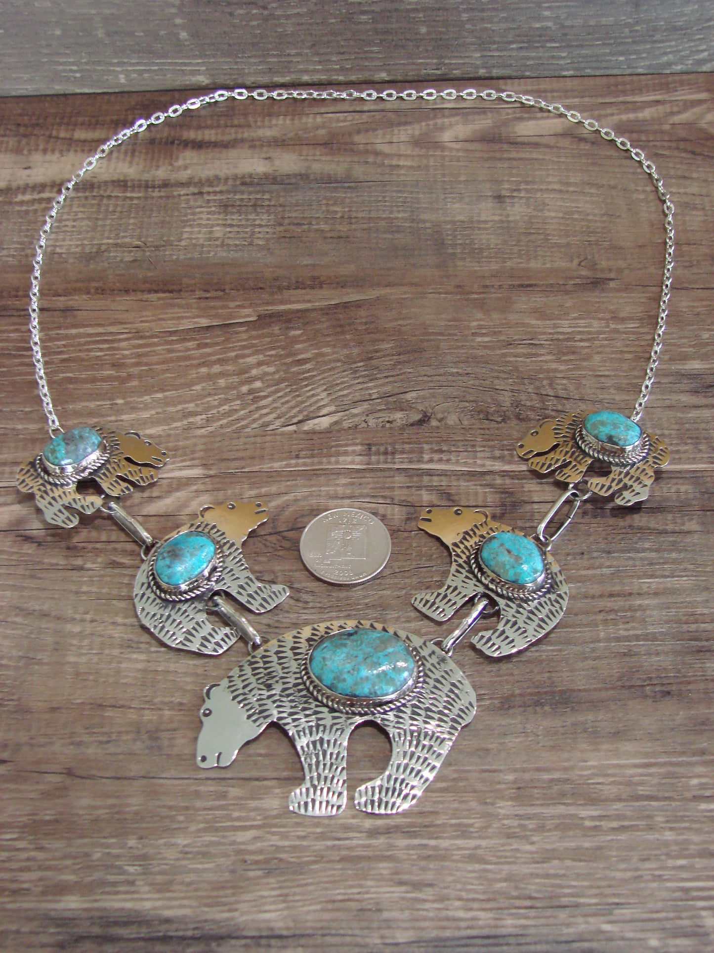 Navajo Indian Nickel Silver & Turquoise Bear Link Necklace by Cleveland