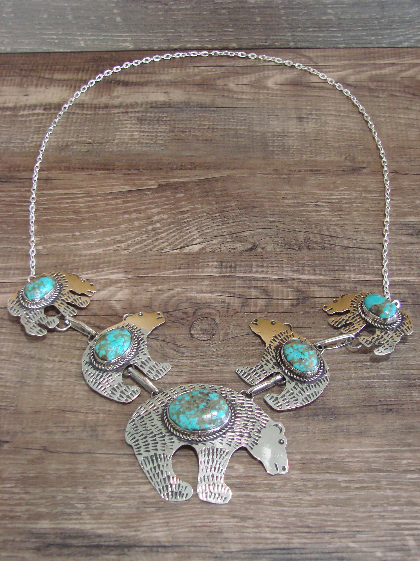 Navajo Indian Nickel Silver & Turquoise Bear Link Necklace by Cleveland