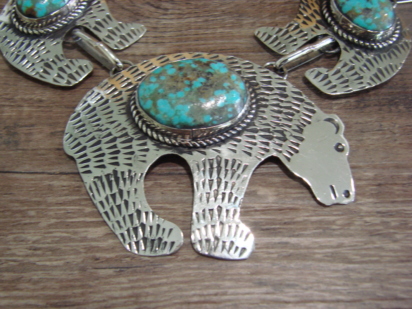 Navajo Indian Nickel Silver & Turquoise Bear Link Necklace by Cleveland