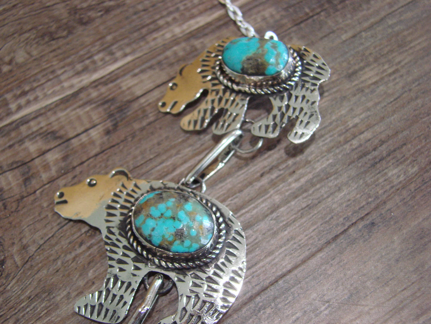 Navajo Indian Nickel Silver & Turquoise Bear Link Necklace by Cleveland