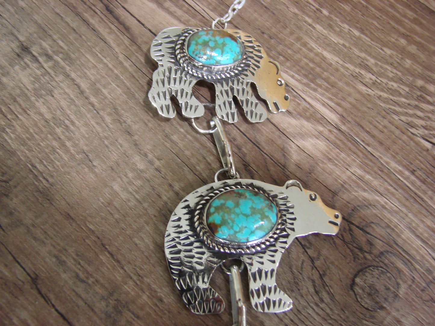 Navajo Indian Nickel Silver & Turquoise Bear Link Necklace by Cleveland
