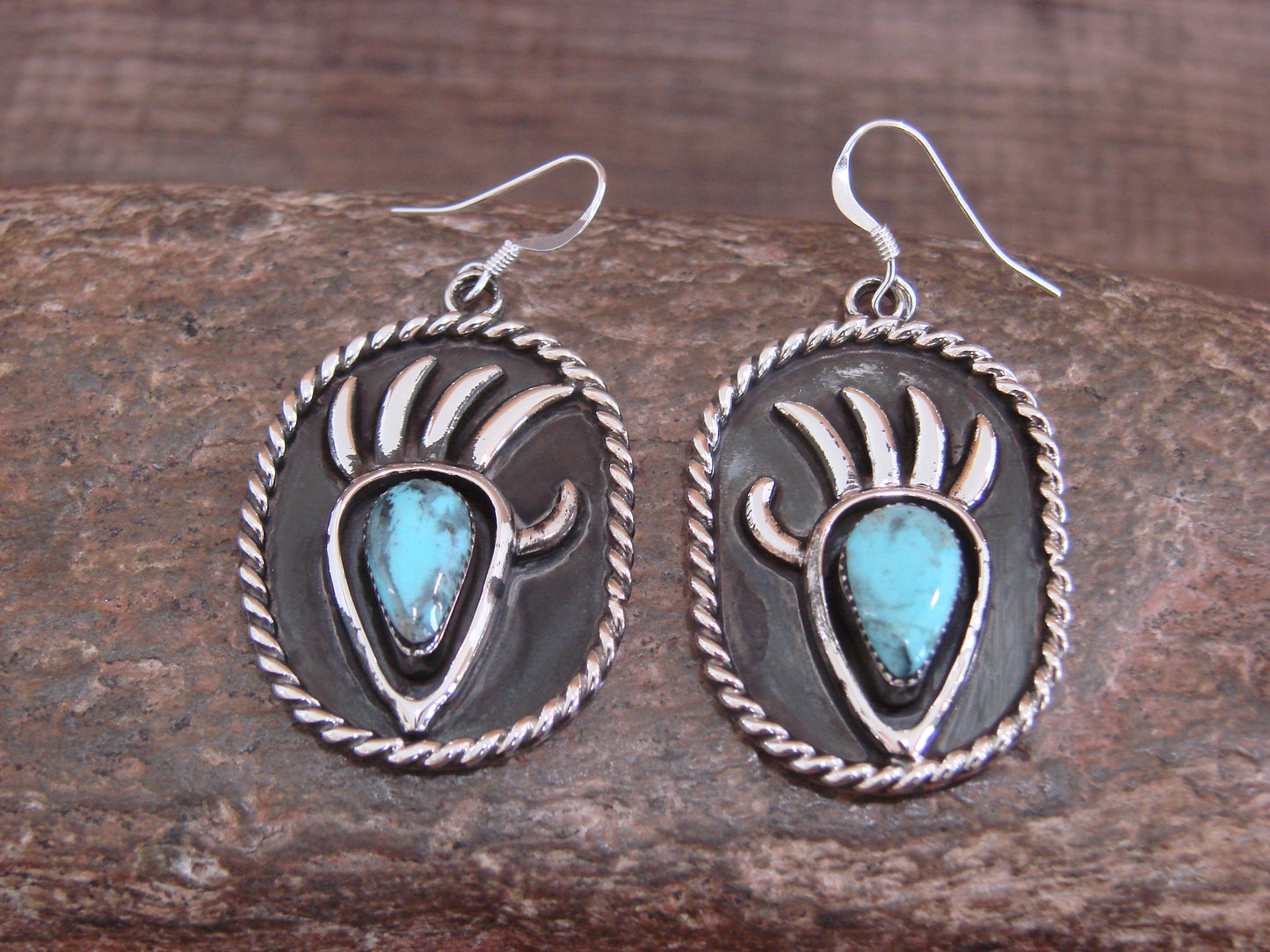 Native American Sterling Silver Turquoise Bear Paw Dangle Earrings - Belin