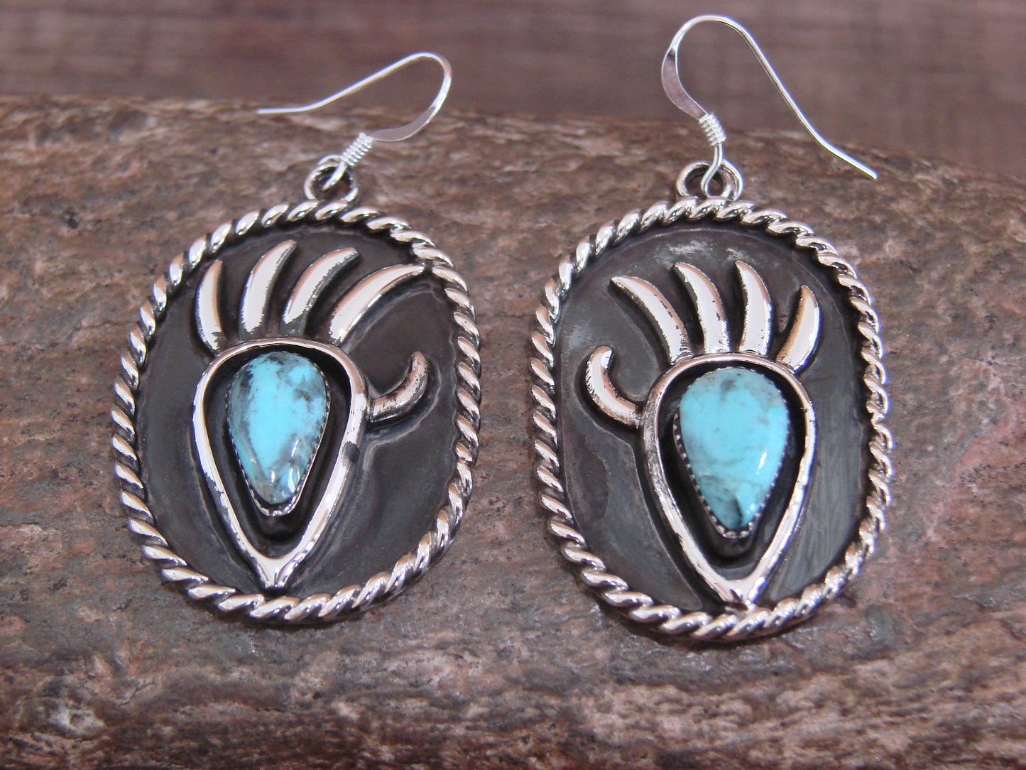 Native American Sterling Silver Turquoise Bear Paw Dangle Earrings - Belin