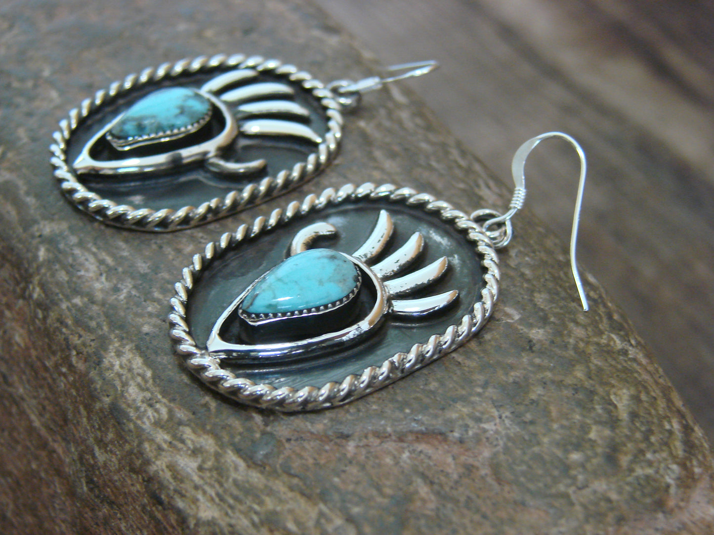 Native American Sterling Silver Turquoise Bear Paw Dangle Earrings - Belin