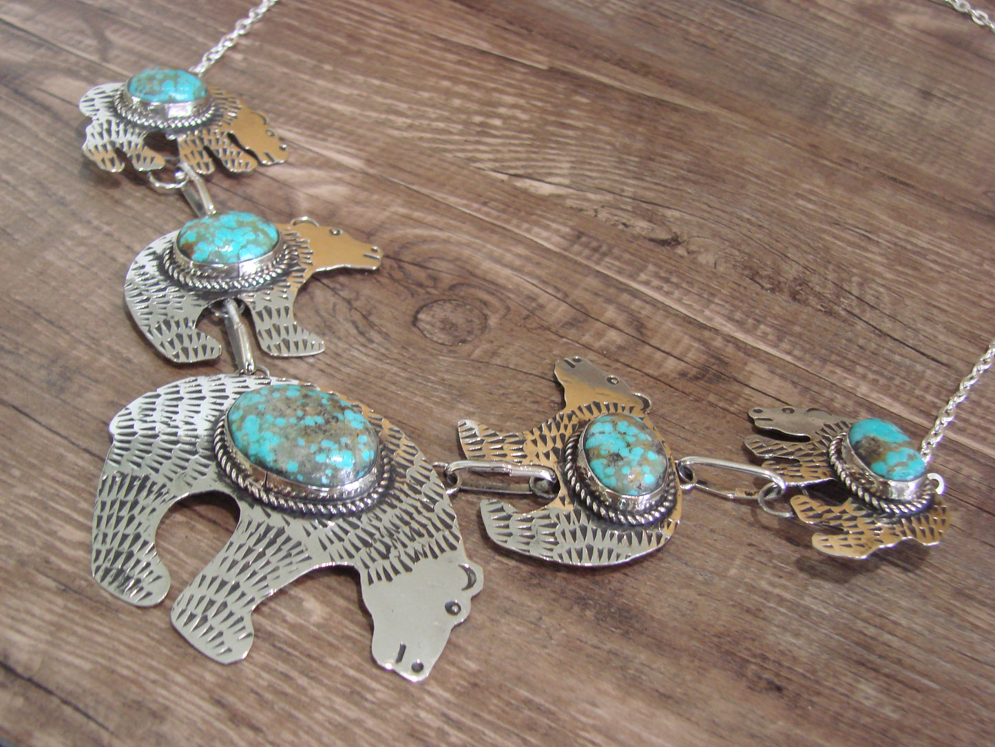Navajo Indian Nickel Silver & Turquoise Bear Link Necklace by Cleveland