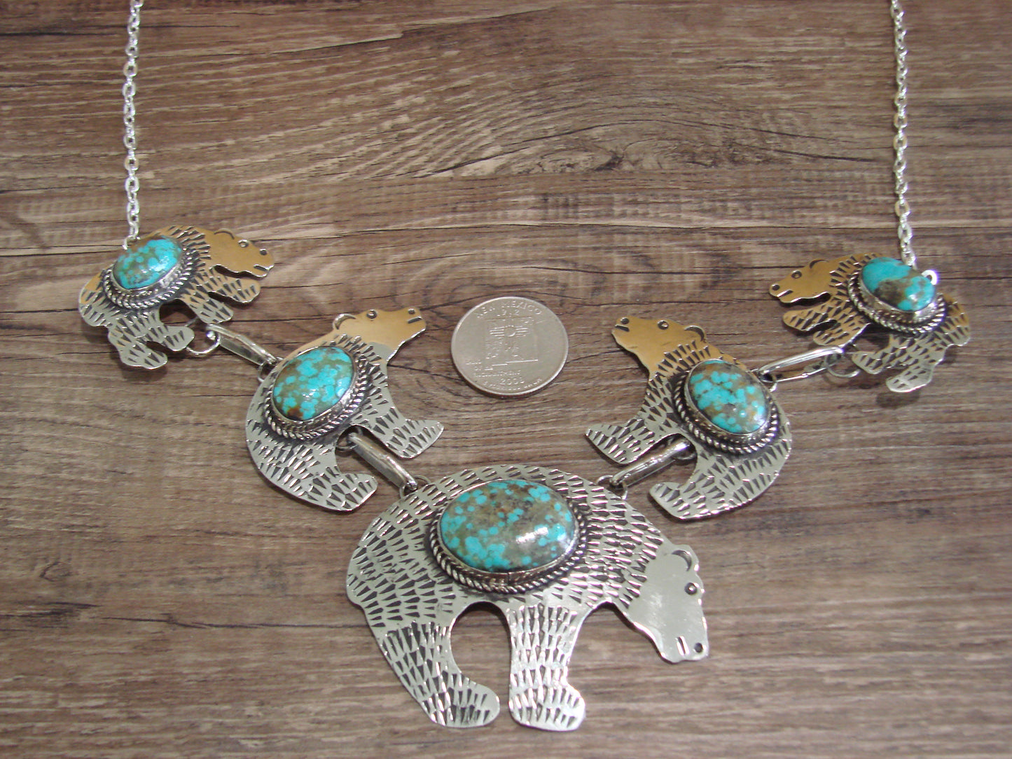 Navajo Indian Nickel Silver & Turquoise Bear Link Necklace by Cleveland