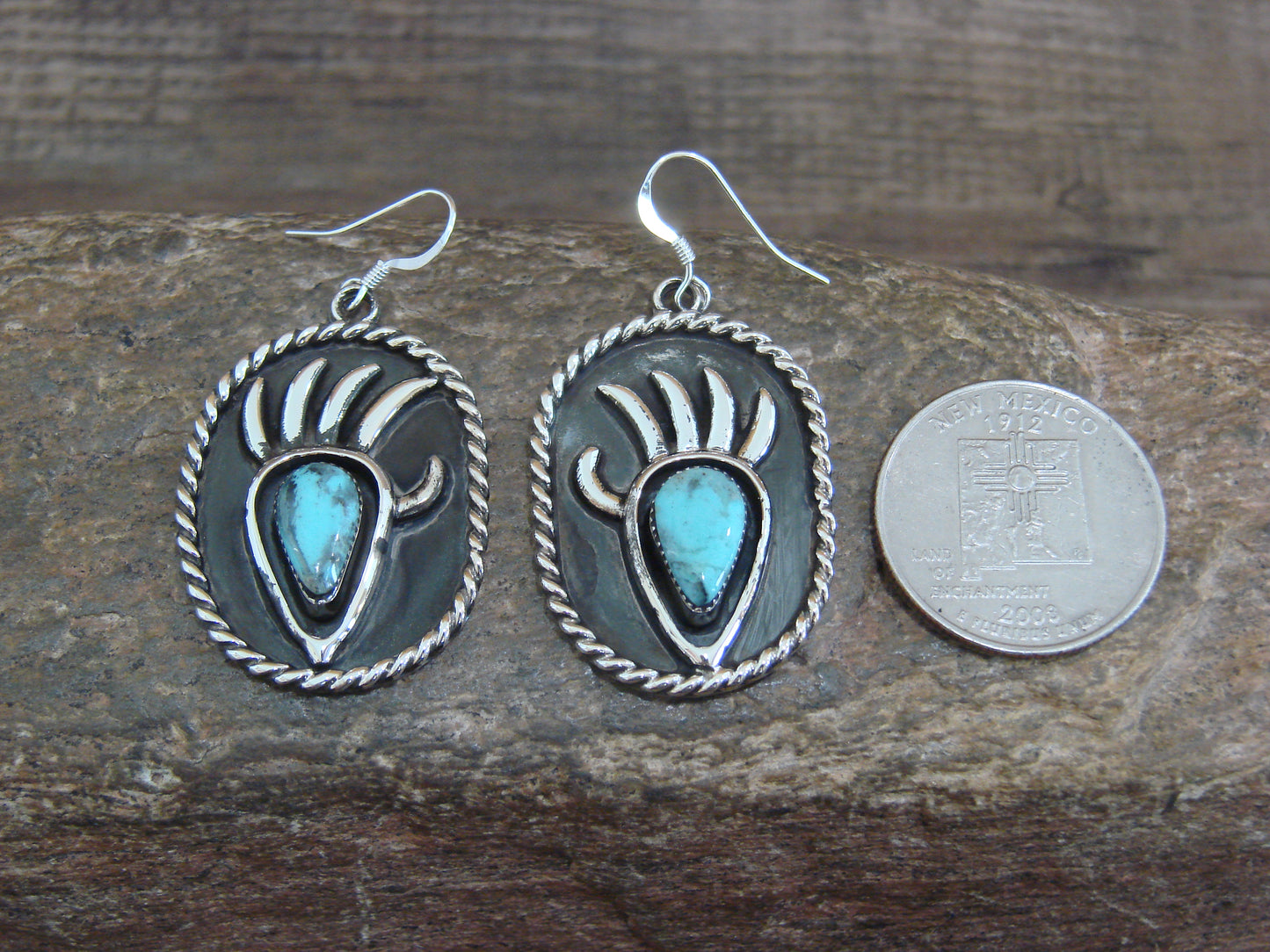 Native American Sterling Silver Turquoise Bear Paw Dangle Earrings - Belin