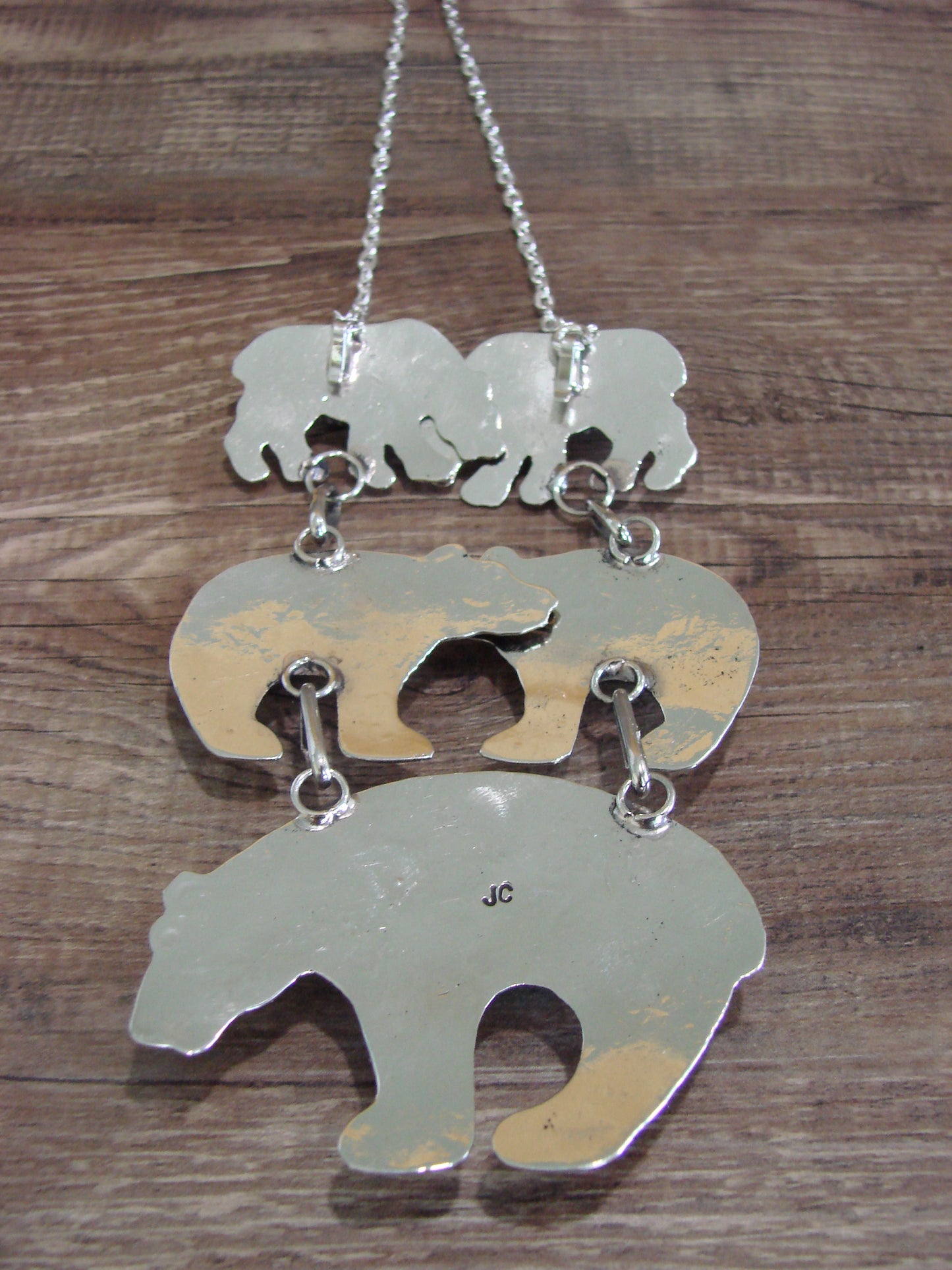 Navajo Indian Nickel Silver & Turquoise Bear Link Necklace by Cleveland