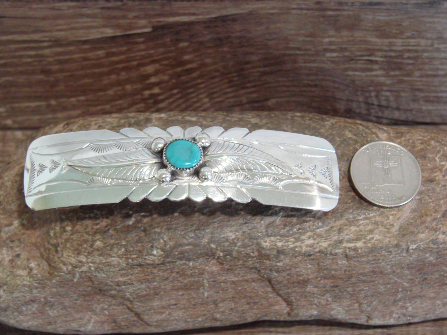 Native American Sterling Silver & Turquoise Hair Barrette Signed WM