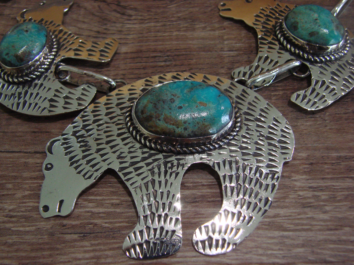 Navajo Indian Nickel Silver & Turquoise Bear Link Necklace by Cleveland