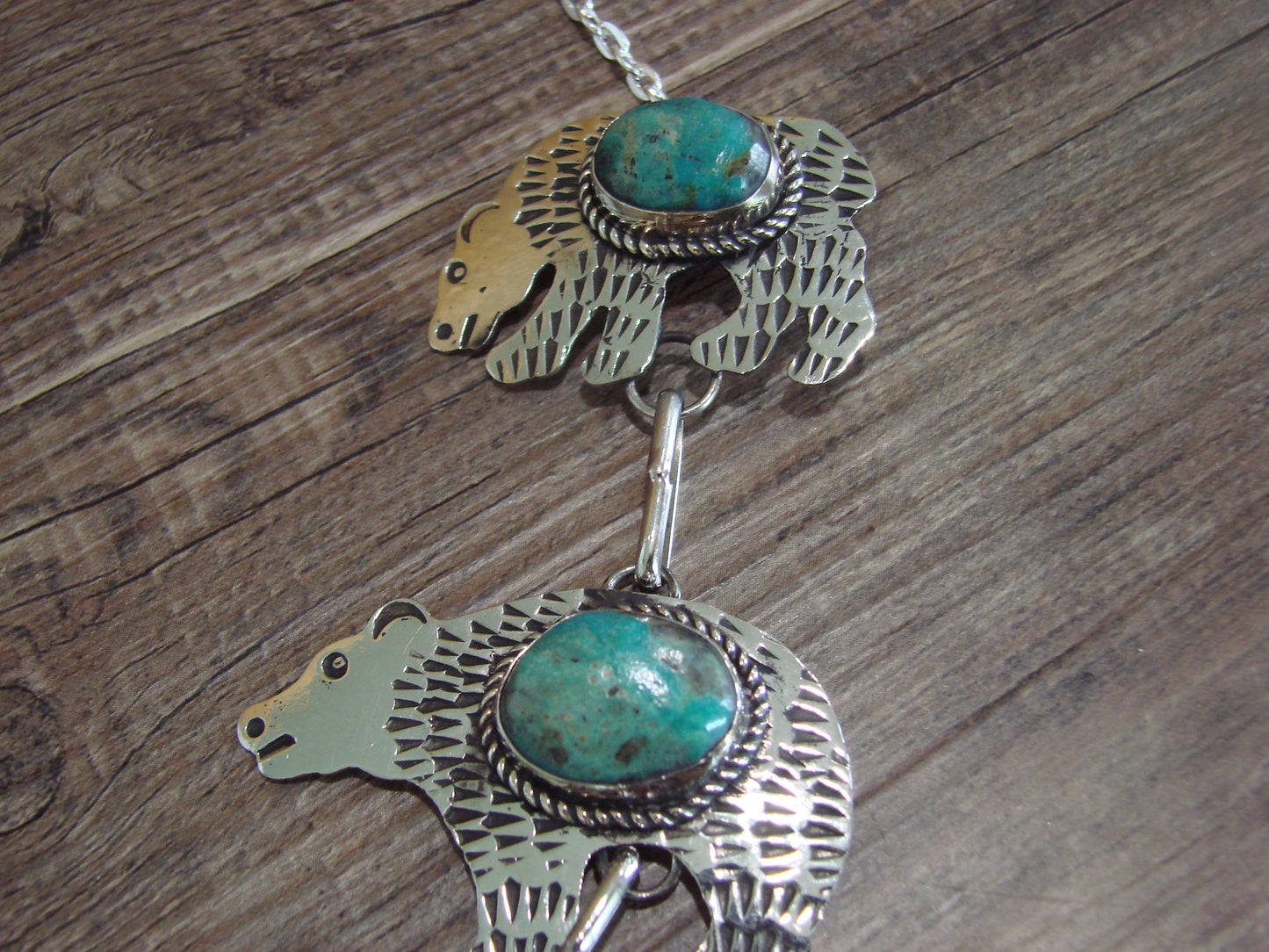 Navajo Indian Nickel Silver & Turquoise Bear Link Necklace by Cleveland