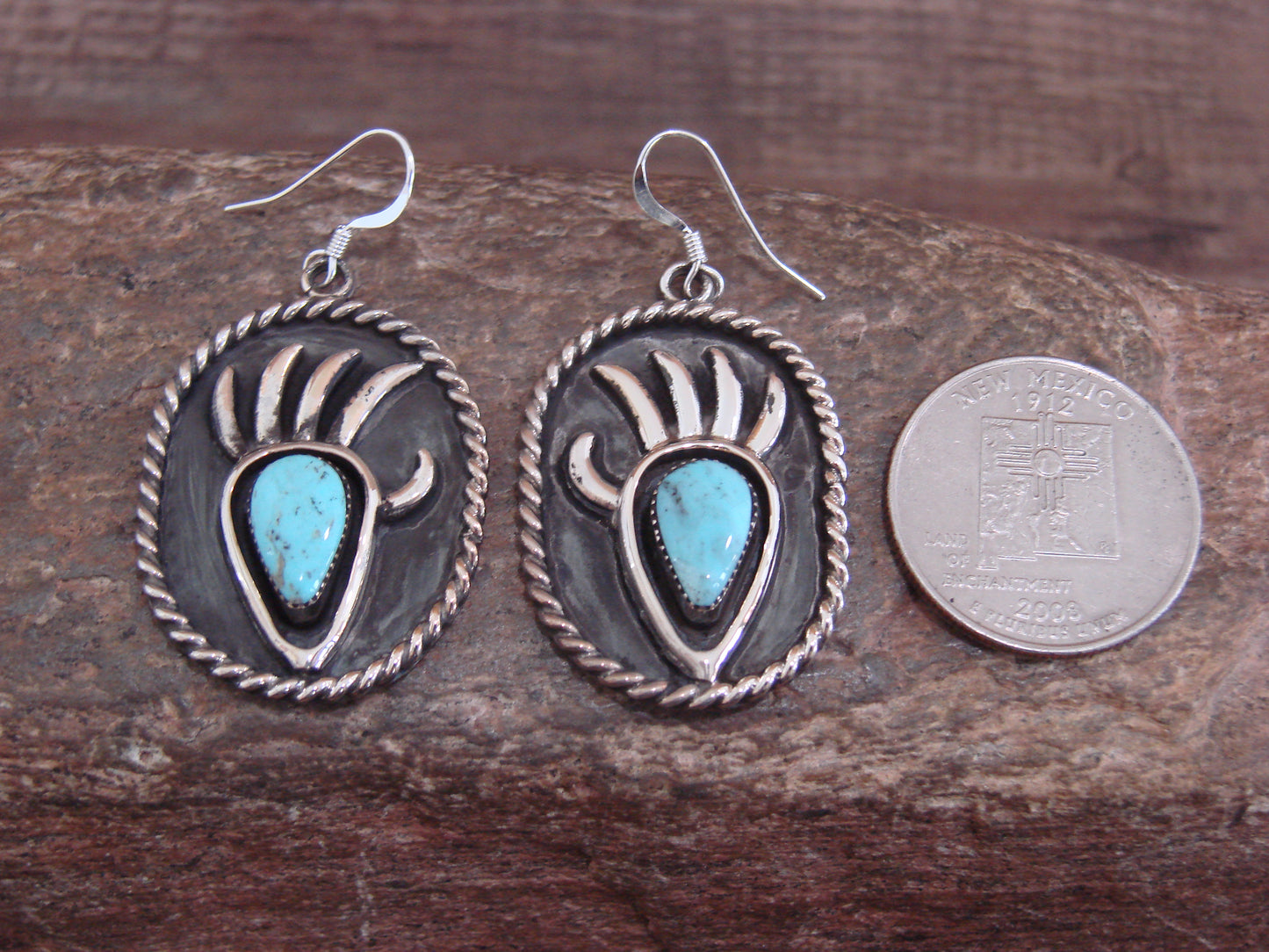 Native American Sterling Silver Turquoise Bear Paw Dangle Earrings - Belin