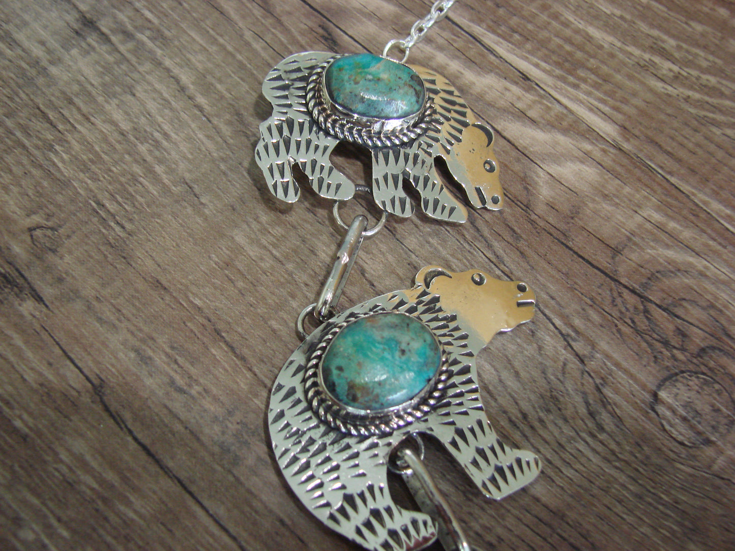 Navajo Indian Nickel Silver & Turquoise Bear Link Necklace by Cleveland
