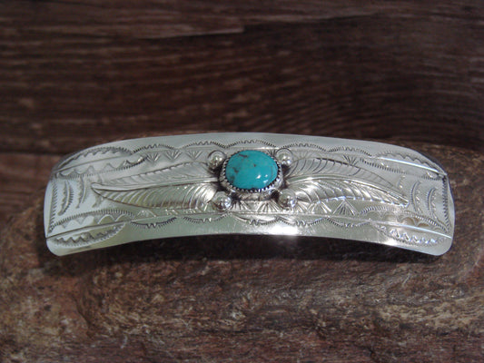 Native American Sterling Silver & Turquoise Hair Barrette Signed WM