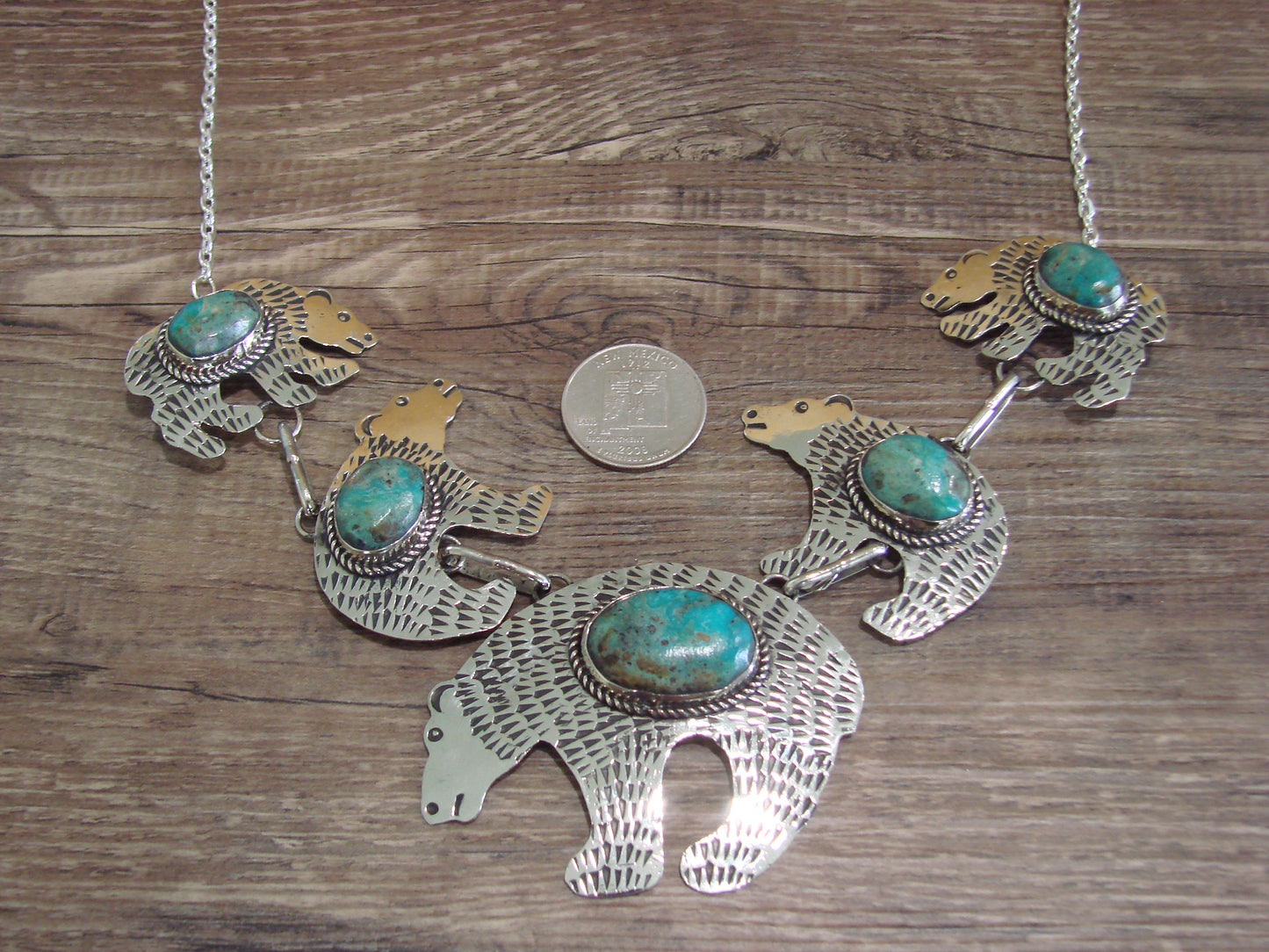 Navajo Indian Nickel Silver & Turquoise Bear Link Necklace by Cleveland