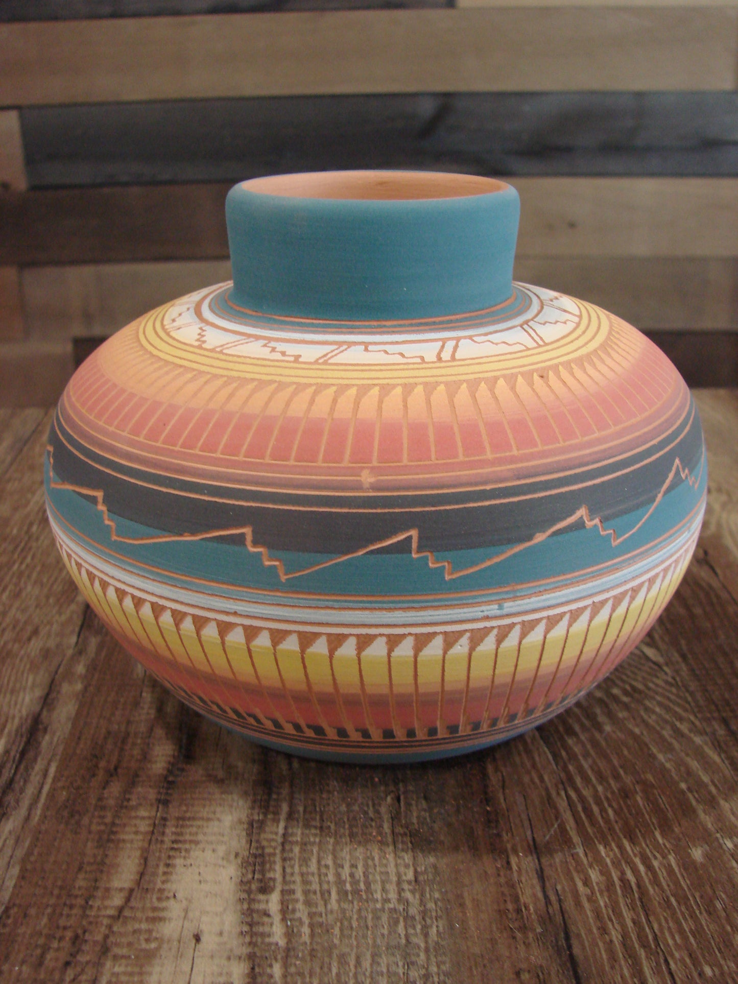 Native American Navajo Hand Etched & Hand Painted Pottery - Charlie